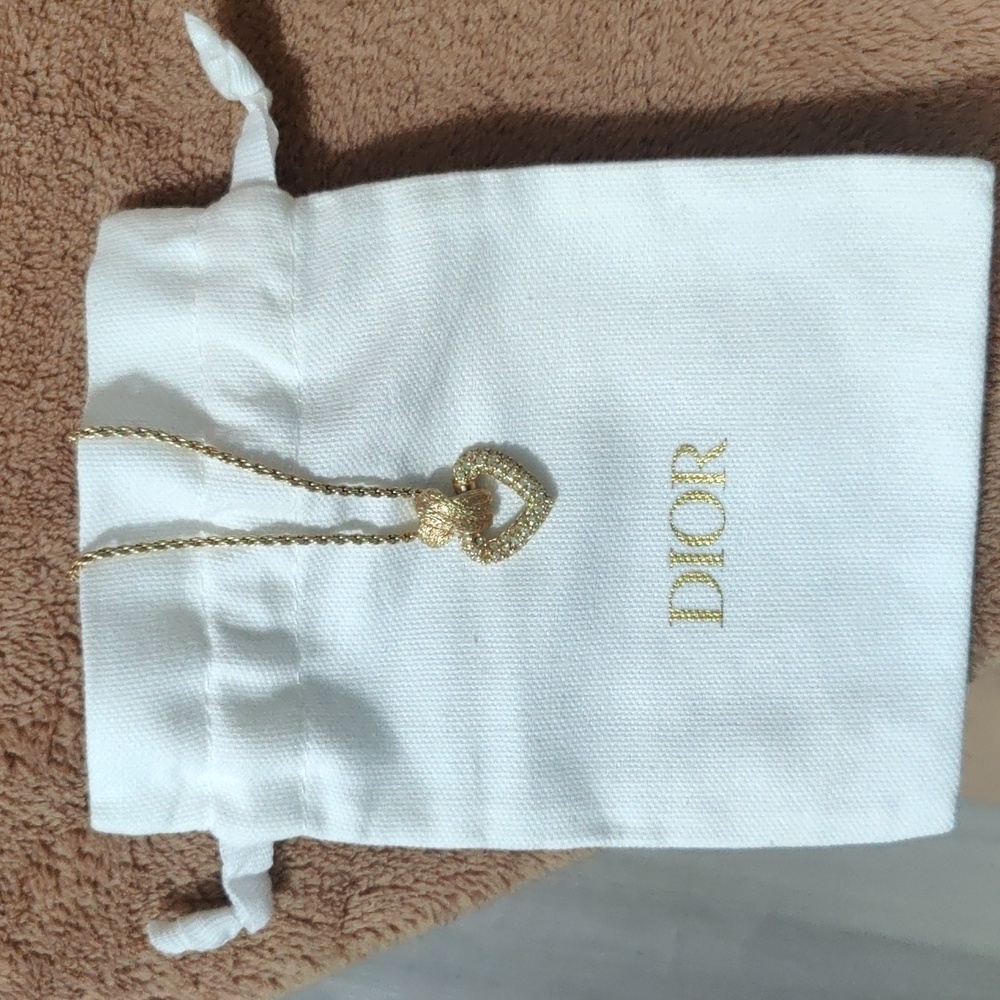 Christian Dior Vintage Heart Rhinestone Pendant Necklace Gold Tone With Dust Bag